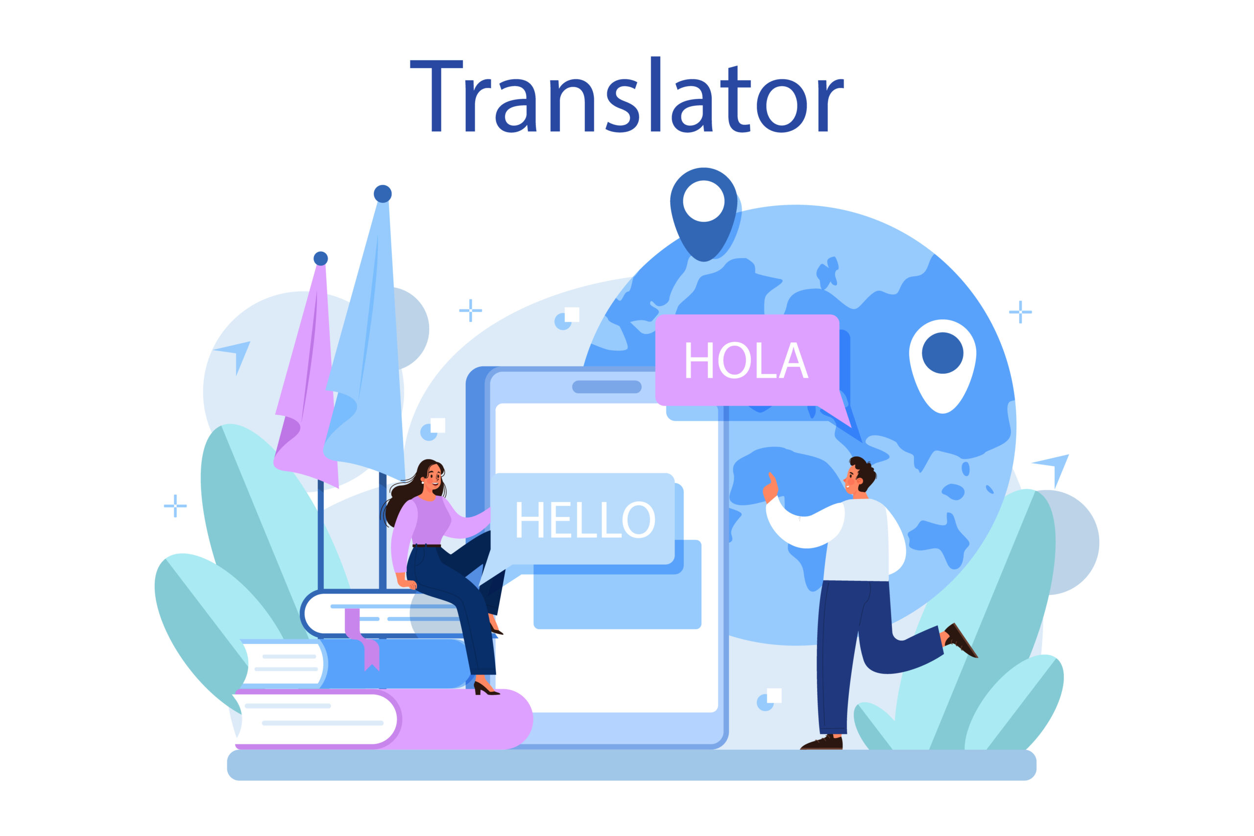 Illustration of a man and a woman using a mobile translation app with a globe in the background, representing a reliable and efficient service. Best Translation Service in Qatar.